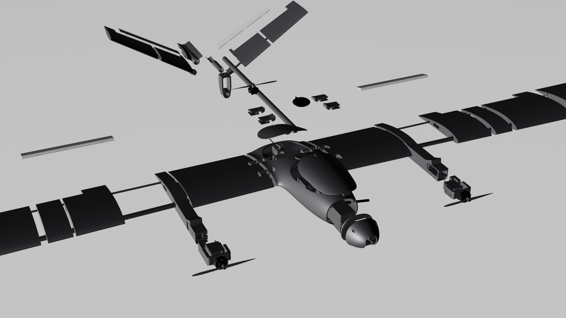 Exploded CAD assembly of a three-motor VTOL aircraft